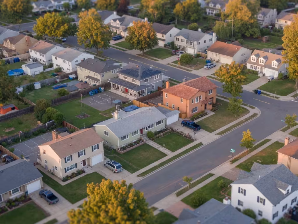 Aerial view of suburban American neighborhood with single-family homes