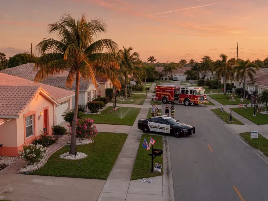 Florida suburban homes with police and fire vehicles on residential street