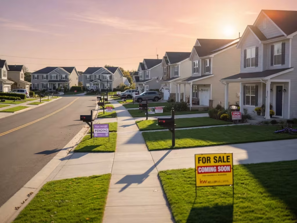 Suburban homes with for-sale signs on residential street at sunset