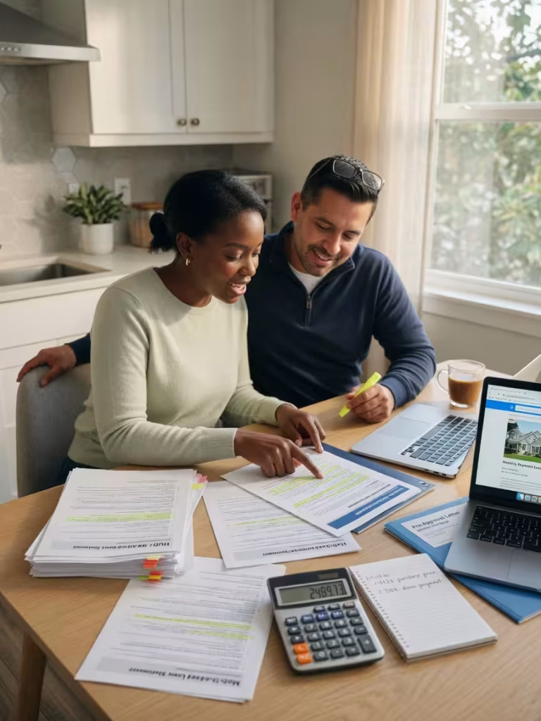 Couple reviewing mortgage paperwork and rates at home