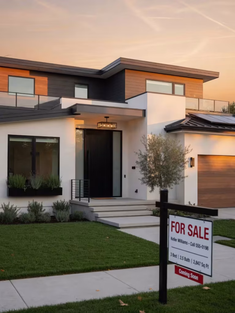 Modern suburban home with for sale sign at sunset, representing housing market activity