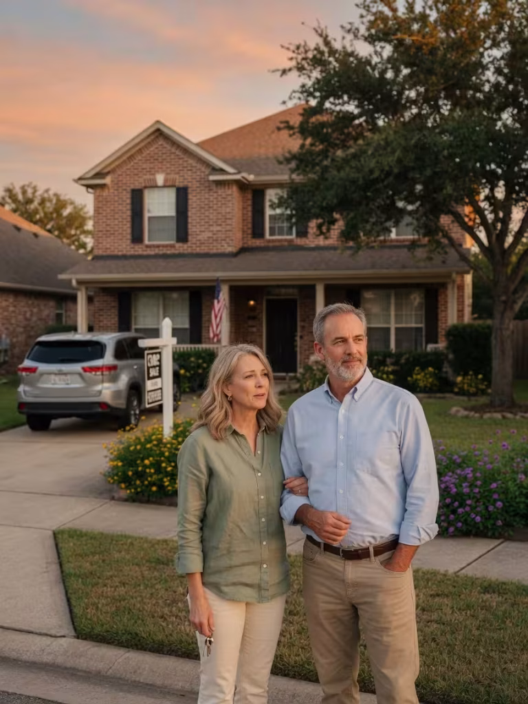 Middle-aged couple standing in front of suburban home, representing Texas homeowners