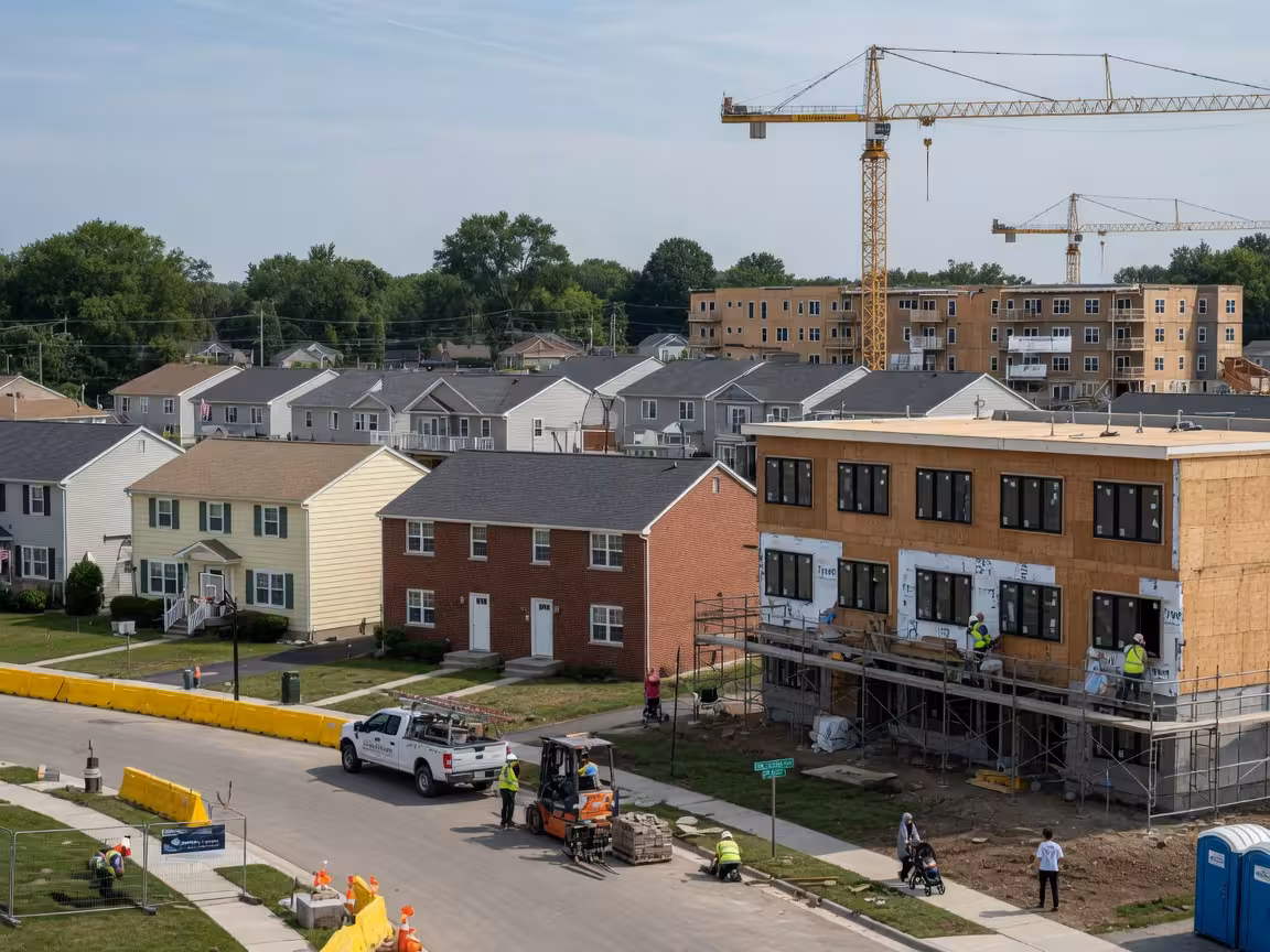 Mixed housing development with single-family homes and multifamily buildings under construction