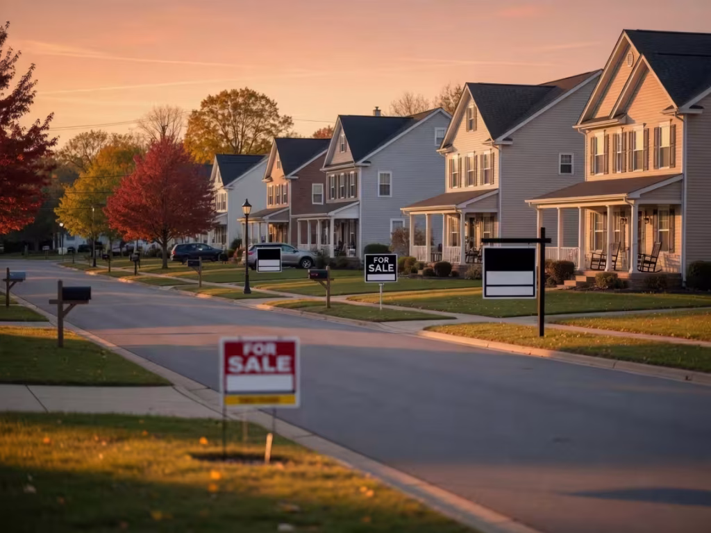 Suburban homes with for-sale signs under golden hour sunlight