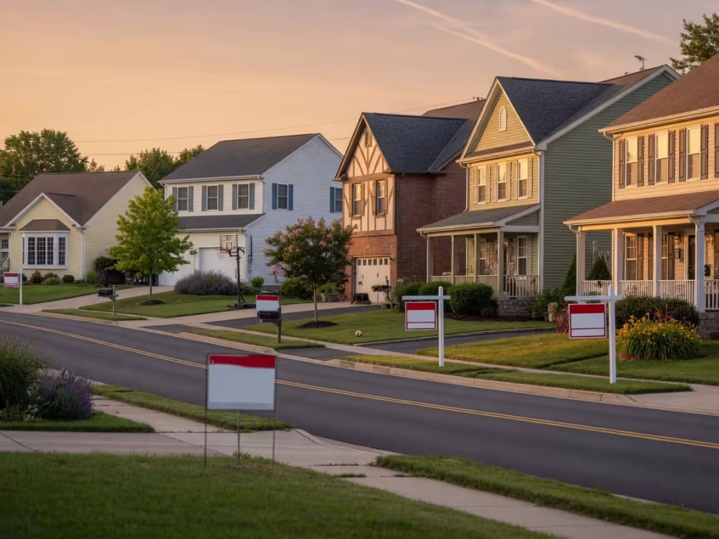 Suburban homes with for-sale signs in a residential neighborhood at sunset