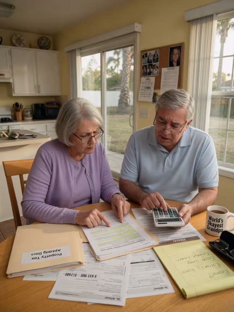 Senior couple reviewing property tax documents at home with concerned expressions