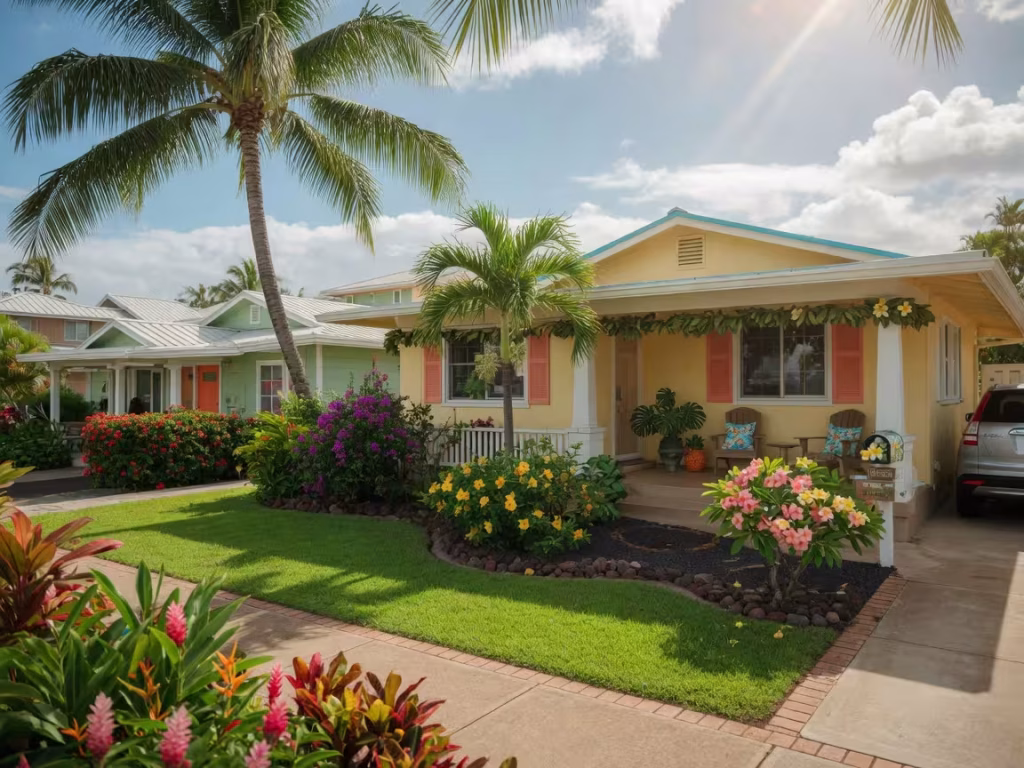 Hawaiian residential home with tropical landscaping in sunny neighborhood