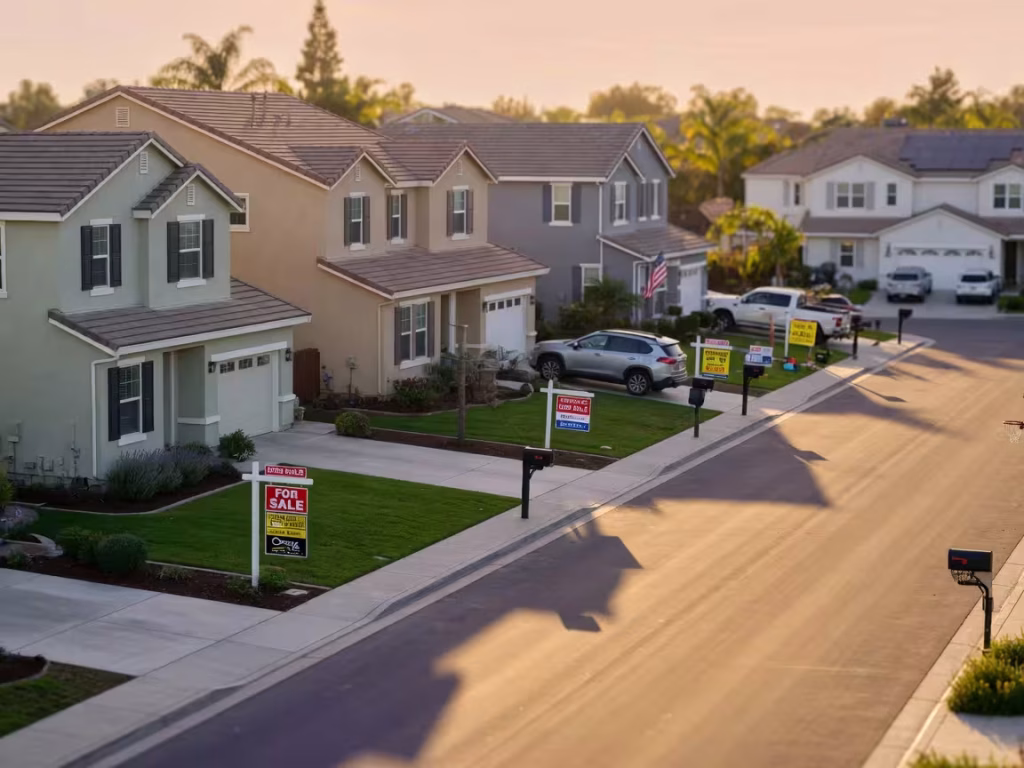 Suburban homes with for-sale signs at sunset representing rising mortgage rates