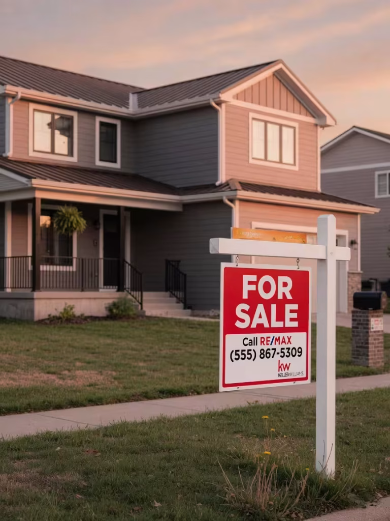 For sale sign in front of suburban home at dusk